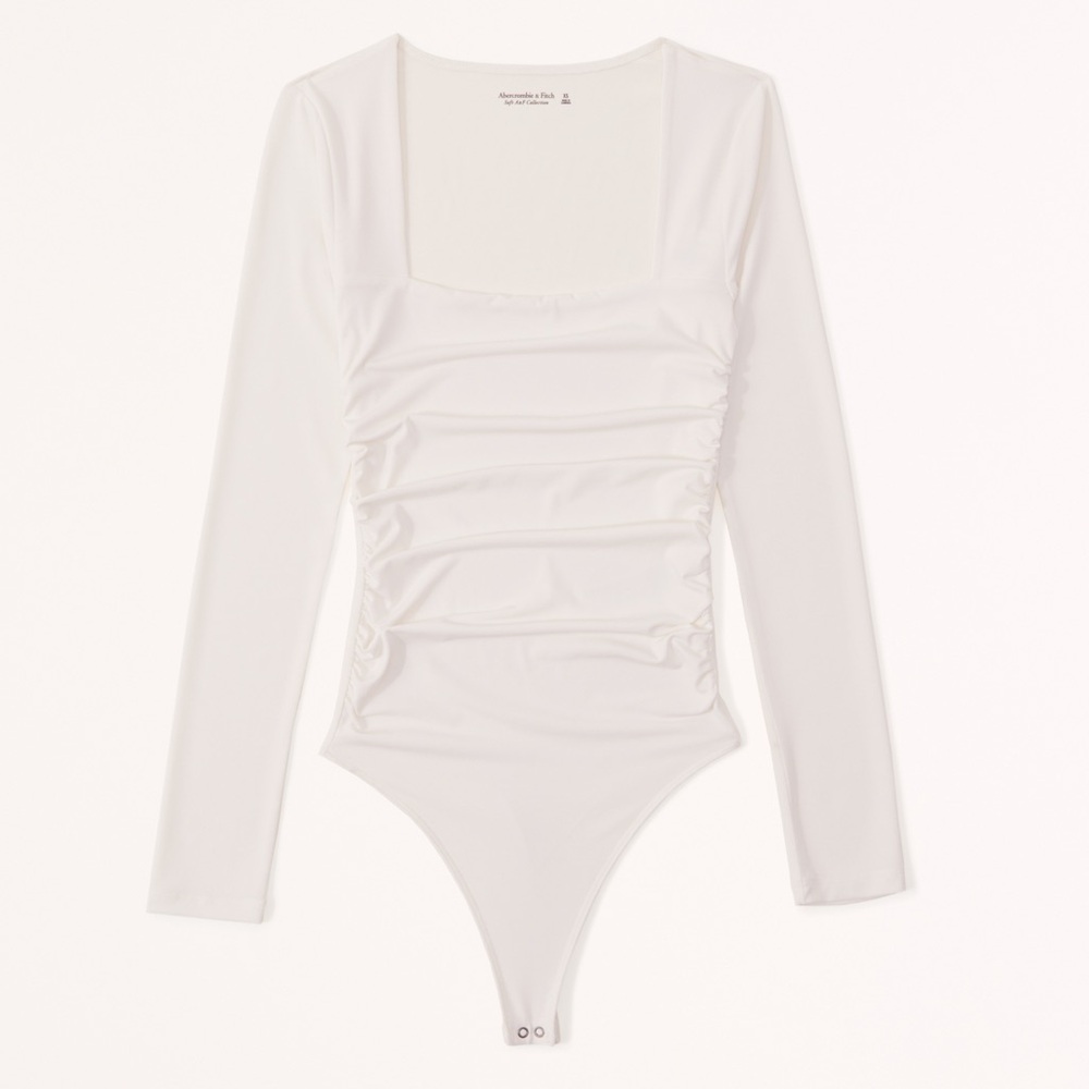 abercrombie Long-Sleeve Ruched Squareneck Bodysuit in White
